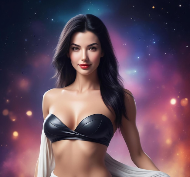 Sexy brunette woman in black lingerie on a cosmic background