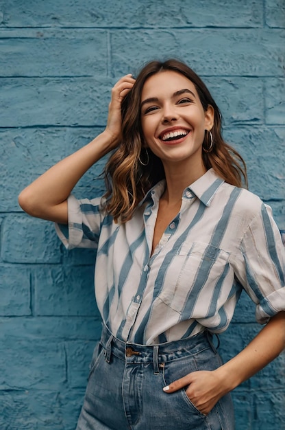 Sexy carefree woman posing near blue wall Positive model having fun