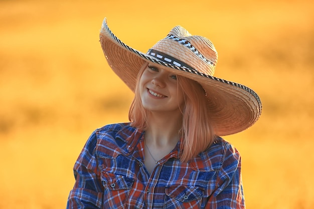 sexy cowboy girl in hat, country style summer american west