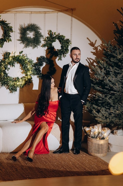 Sexy elegant couple New Year Tree