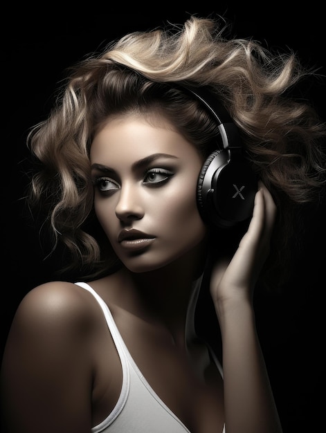 Sexy girl in headphones in dark style