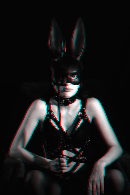 Sexy girl mistress masked Bunny in erotic lingerie with glitch effect