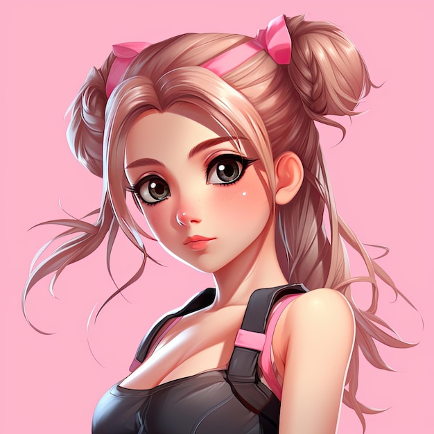 sexy pink anime girl with big eyes pony tail hair illustration