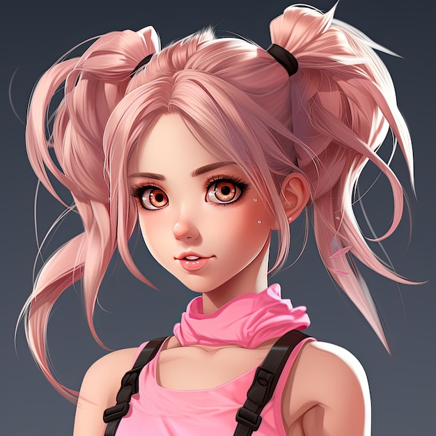 sexy pink anime girl with big eyes pony tail hair illustration