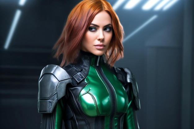 Sexy redhead woman in green suit with armor on dark background