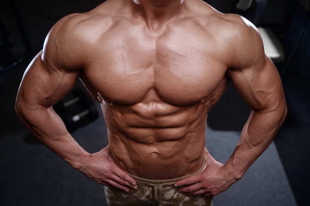 Sexy strong bodybuilder athletic men pumping up muscles with dumbbells