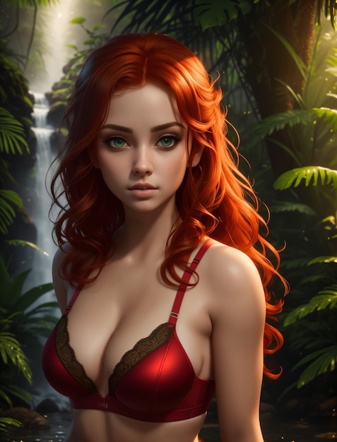 sexy woman gorgeous model with red hair standing in the jungle in red bra