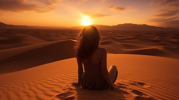 Sexy woman walking in the desertBeautiful view on the mountain at sunset Amazing sand dunes Golden sand waves Natural safari panorama Unique journey