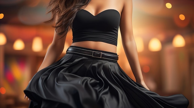 Sexy woman wearing black dress on blurred background