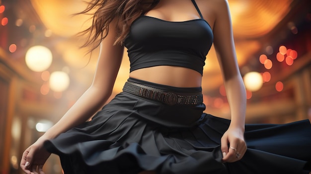 Sexy woman wearing black dress on blurred background