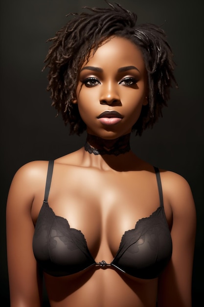 Sexy young African American woman in a black bra