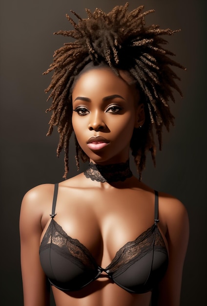 Sexy young African American woman in a black bra