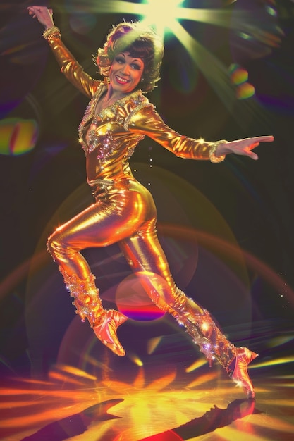 Sexy young woman in a shiny suit dancing on a colorful background