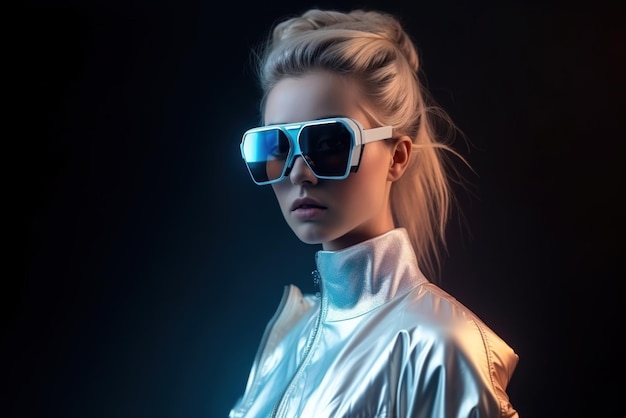 Sexy young woman wearing futuristic glasses cosmic fashion style generative AI