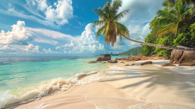 Seychelles Beach Panorama Under Palm Tree