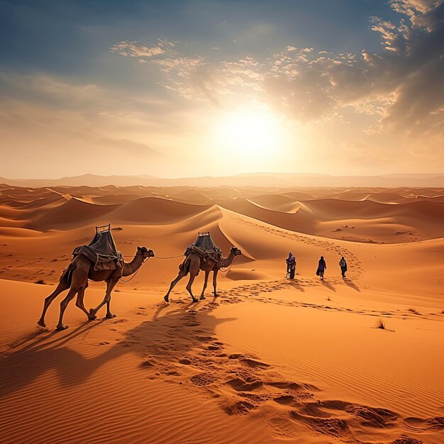 Photo in shaao desert there are endless sand dunes and occasionally camels walking leisurely soft focus