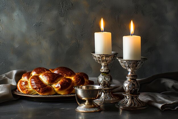 Shabbat Shalom Challah bread candlesticks and kiddush cup on a table Celebrating the Jewish Sabbath