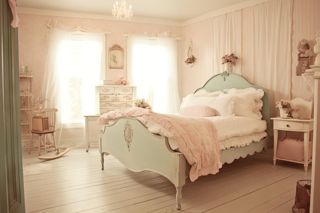 Shabby chic bedroom with vintage bed and soft pastel colors