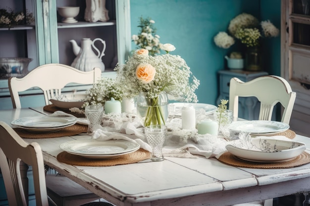 A shabby chic dining table with place settings and a vase of fresh flowers