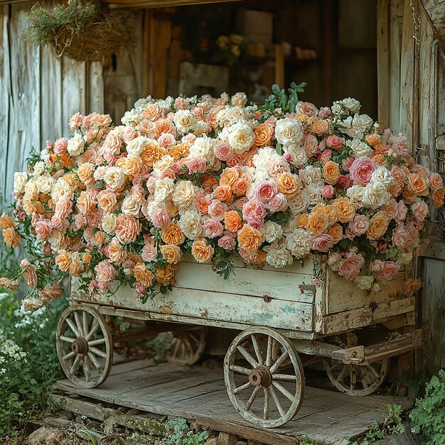 shabby chic farmhouse style photo of a wagon filled with roses cream and blush colorful basket