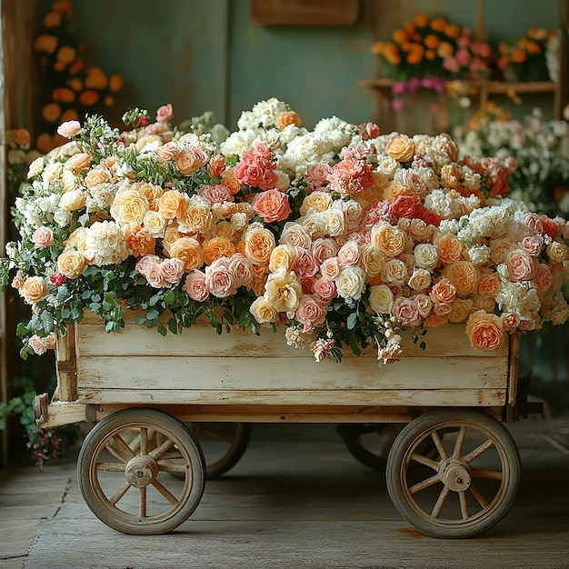 shabby chic farmhouse style photo of a wagon filled with roses cream and blush colorful basket