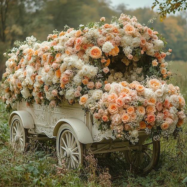 shabby chic farmhouse style photo of a wagon filled with roses cream and blush colorful basket