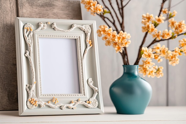 Shabby chic frame with apricot flowers in home decor on wooden boards with lettering Copies