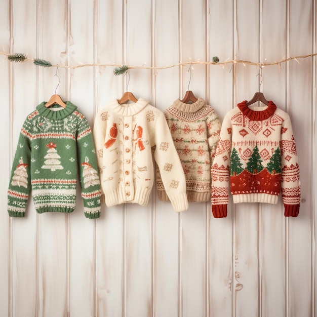 Shabby chic vintage winter sweaters on white background watercolor