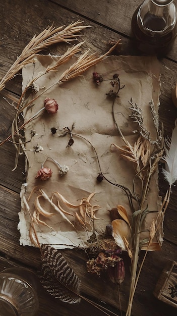 Shabby paper background with dry grass dried flowers and feathers