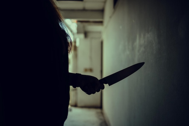 Photo the shadow of a female murderer stood terrifyingly holding a knife and lit from behindscary horror or thriller movie mood or nightmare at night murder or homicide concept