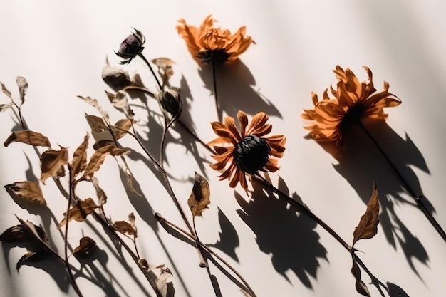 Shadow Flowers On White Background Top View Generative AI