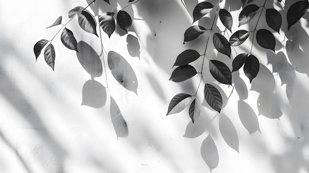 Shadow of leaves and tree branch falling on white concrete wall background abstract arts of nature shadow pattern black and white