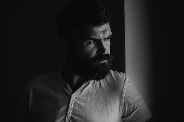 Shadow male face Close up portrait of guy with serious profile face Handsome man with serious face