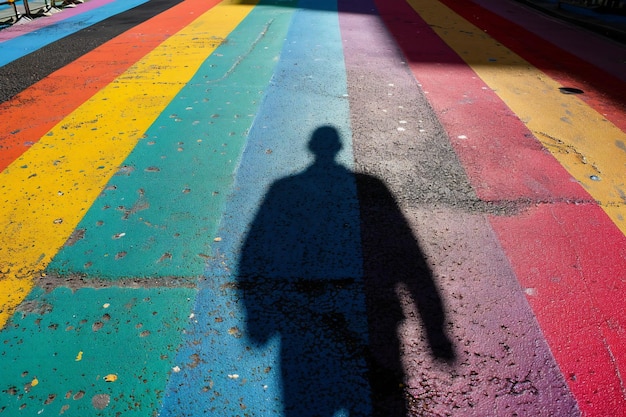 Shadow of a man on a pedestrian crossing on a colorful background