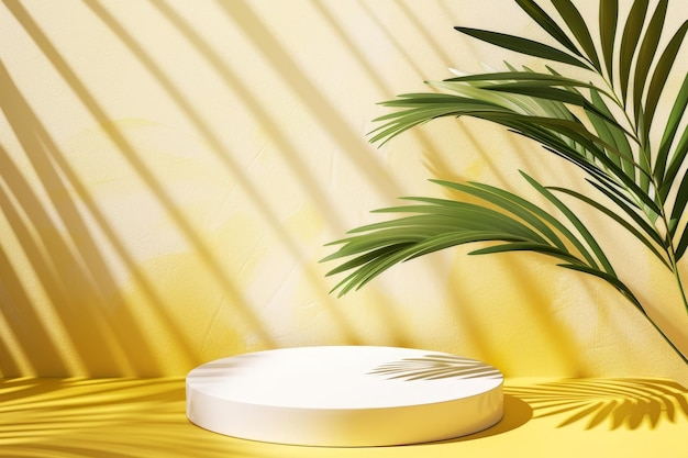 Shadow of palm leaves on yellow wall abstract background Product presentation and tropical summer concept