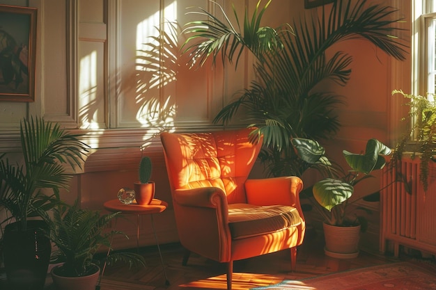 Shadow through the leaves onto an inviting orange armchair surrounded by lush houseplants