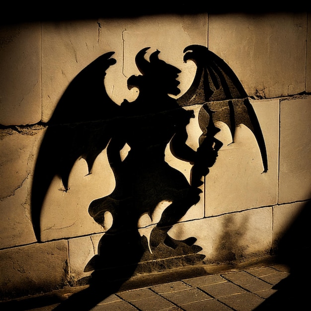 Shadow on the wall of a fantastic scary magical creature gargoyle, horror, magic background,