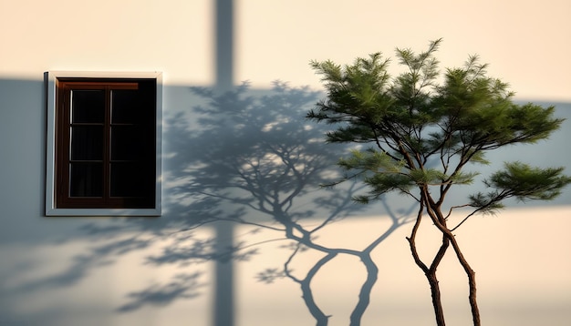 Photo shadow on wall of window and swaying tree in wind isolated with white highlights