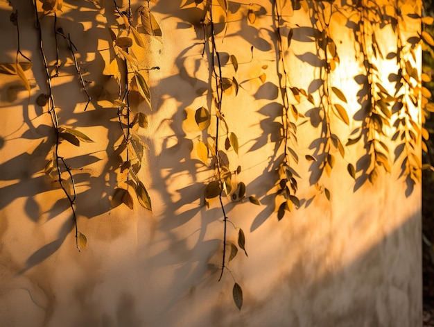 Shadows of foliage cast on a textured wall during golden hour