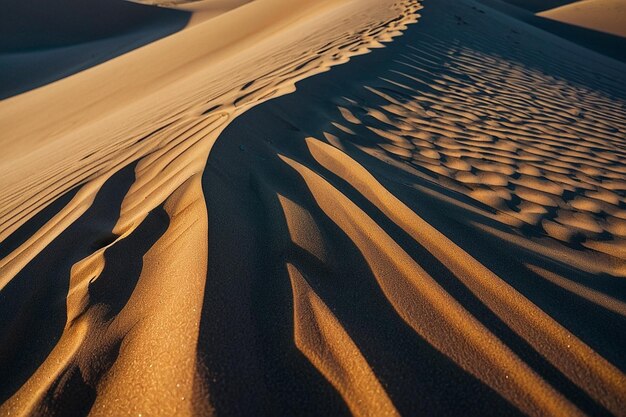 Shadows of sand dunes on a wide empty beach