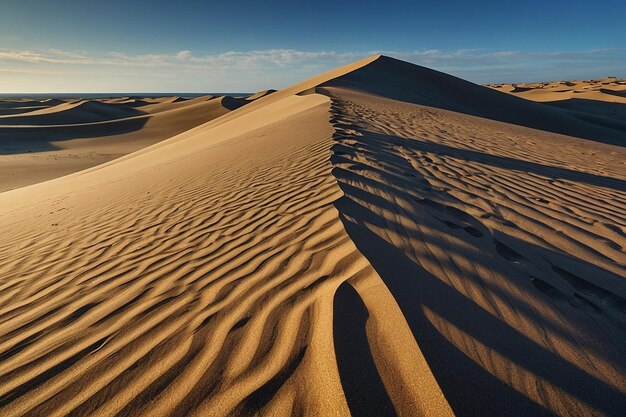 Shadows of sand dunes on a wide empty beach