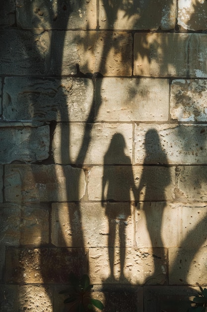 Photo shadows of two people holding hands cast on a house wall with a pastel color palette