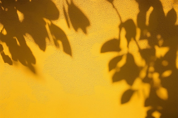 shadows on a wall with the sun shining through the leaves with yellow background