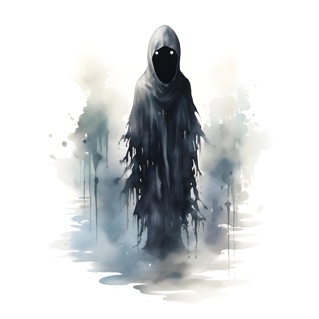 Shadowy Enigmatic Figure with Glowing Eyes in Watercolor