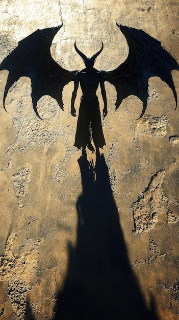 Photo a shadowy figure the demons wings cast an eerie silhouette across the cracked earth his form a symbol of power and mystery