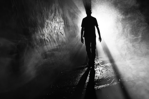 Photo shadowy figure walking into light in a dark smoky tunnel with dramatic silhouette effect