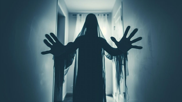 Photo a shadowy figure with a flowing veil stands in a dimly lit hallway hands raised as if reaching out creating an eerie atmosphere filled with suspense and intrigue