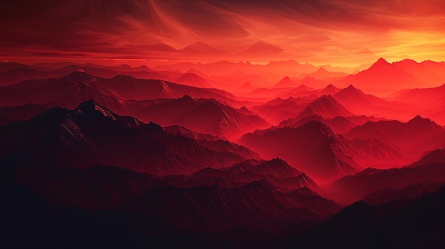 Photo the shadowy forms of mountains illuminated by the soft red light of a setting sun with the sky ablaze in shades of red and orange the scene is captivating and picturesque