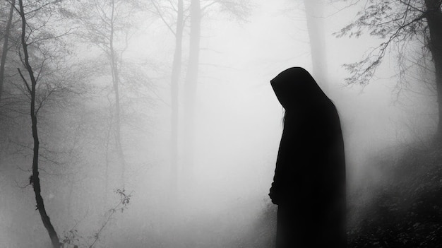 Photo a shadowy hooded figure lurking in a misty forest barely visible among the thick fog