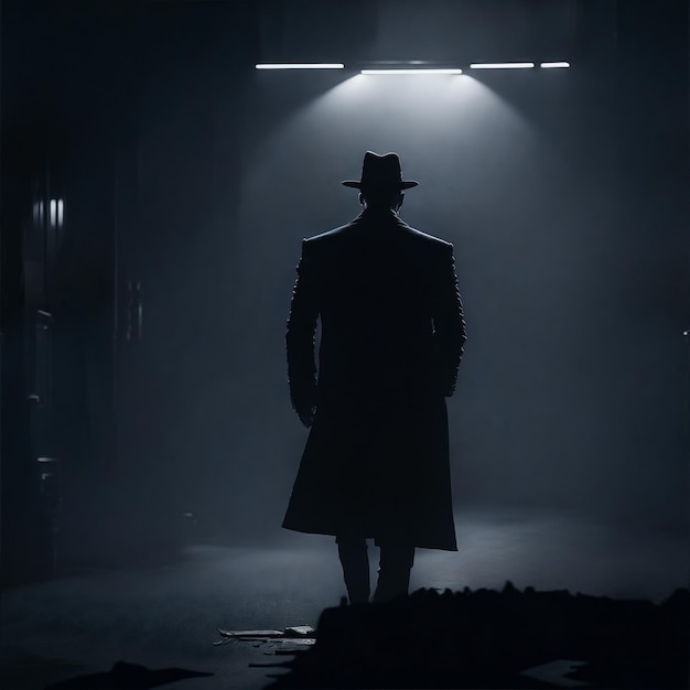 A shadowy mafia figure illuminated by a single spotlight